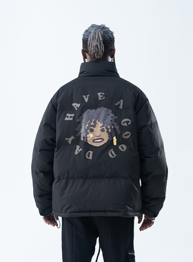 harsh and cruel 街头手绘卡通脏辫金牙小黑人保暖宽松立领棉服