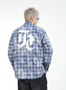 【种地吧鹭卓】harsh and cruel 帆布毛边贴布格纹扎染长袖衬衣