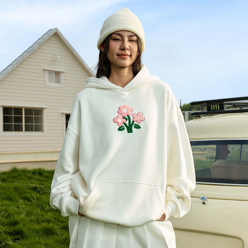 harsh and cruel美式街头毛绒花朵手写连帽套头针织卫衣