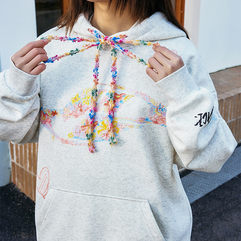 harshandcruel可爱毛毛抽绳蜡笔手绘花卉韩系情侣潮牌连帽卫衣