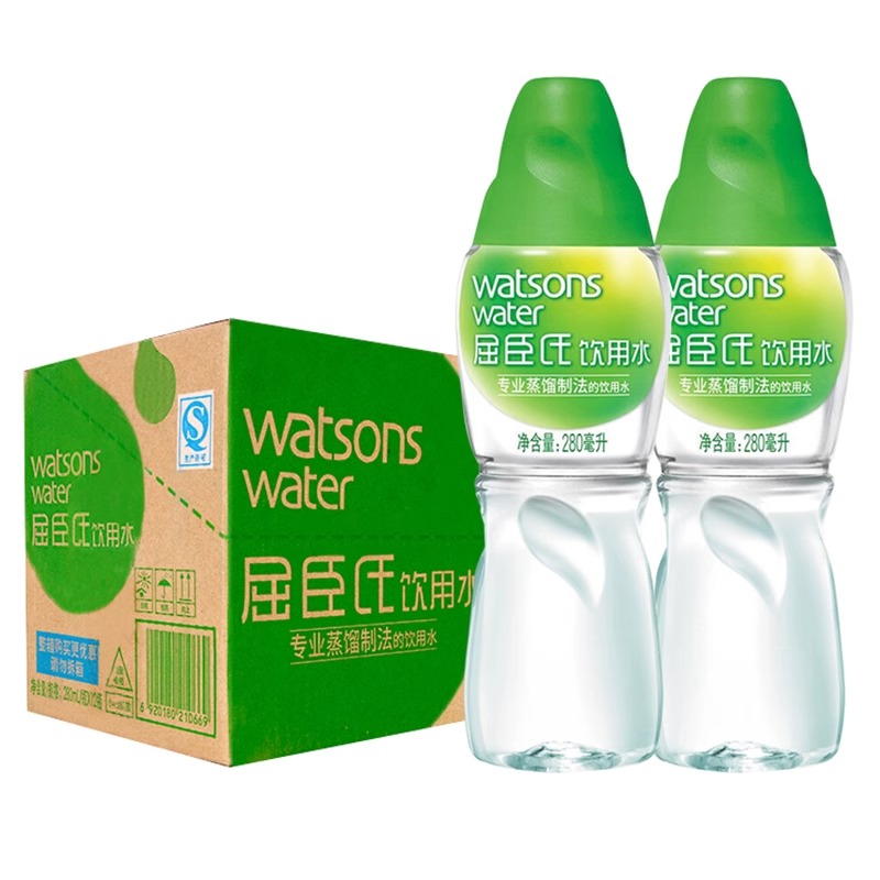 屈臣氏蒸馏制法饮用水280ml*32瓶整箱屈臣氏水疗敷脸蒸馏水包邮