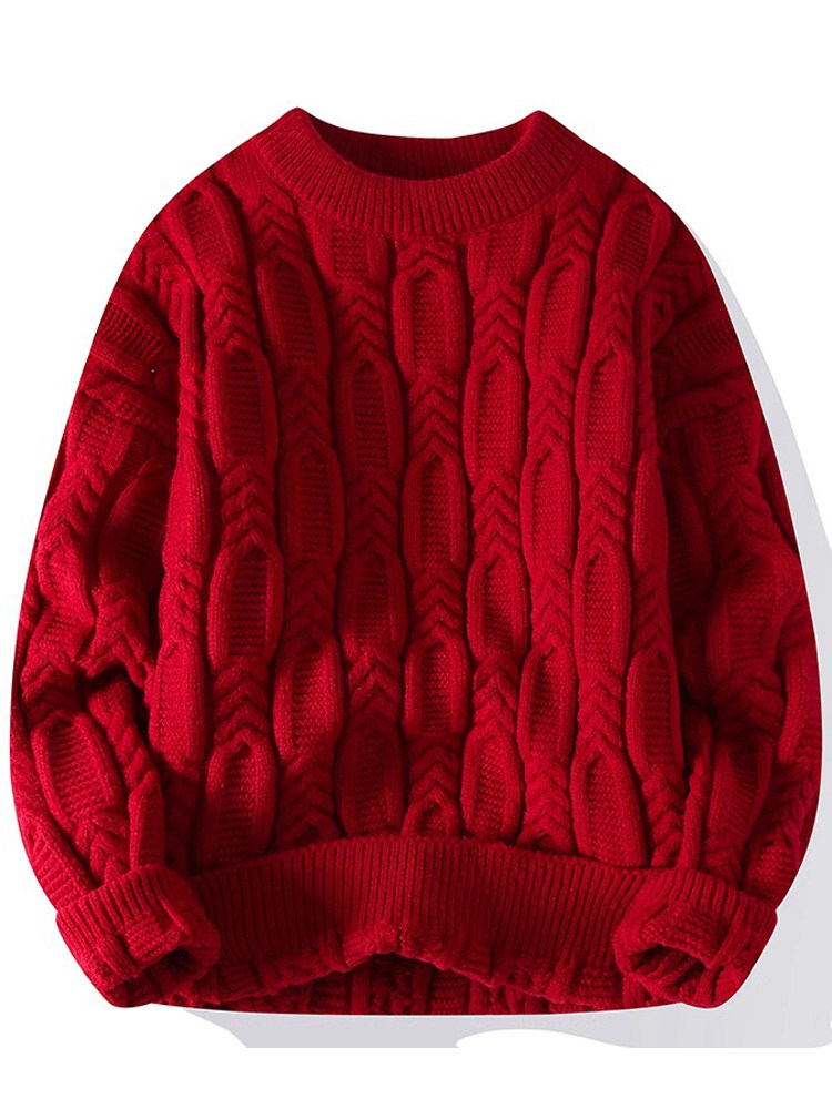 2025新款高端红色麻花毛衣男生保暖打底衫加厚针织衫情侣毛线衣