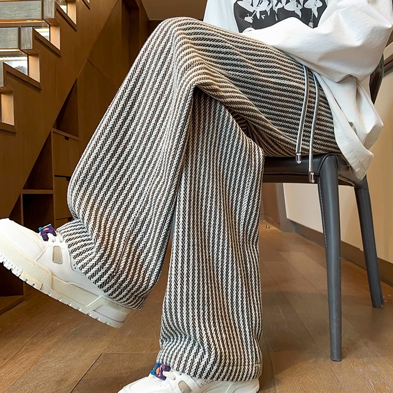 GOOMILLEE高端竖条纹毛呢裤子男2025春季痞帅休闲宽松直筒宽裤