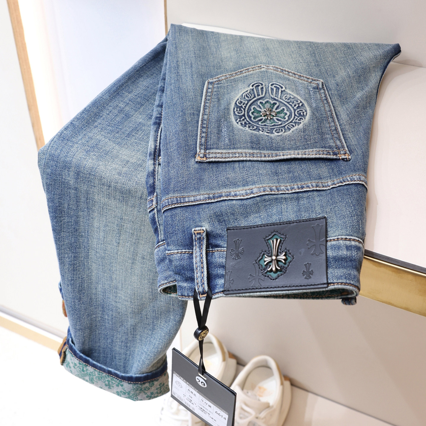 春夏男士十字架浅蓝色修身九分牛仔裤青年欧美风小直筒弹力休闲裤