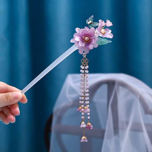 汉服发钗紫色花朵蝴蝶发簪