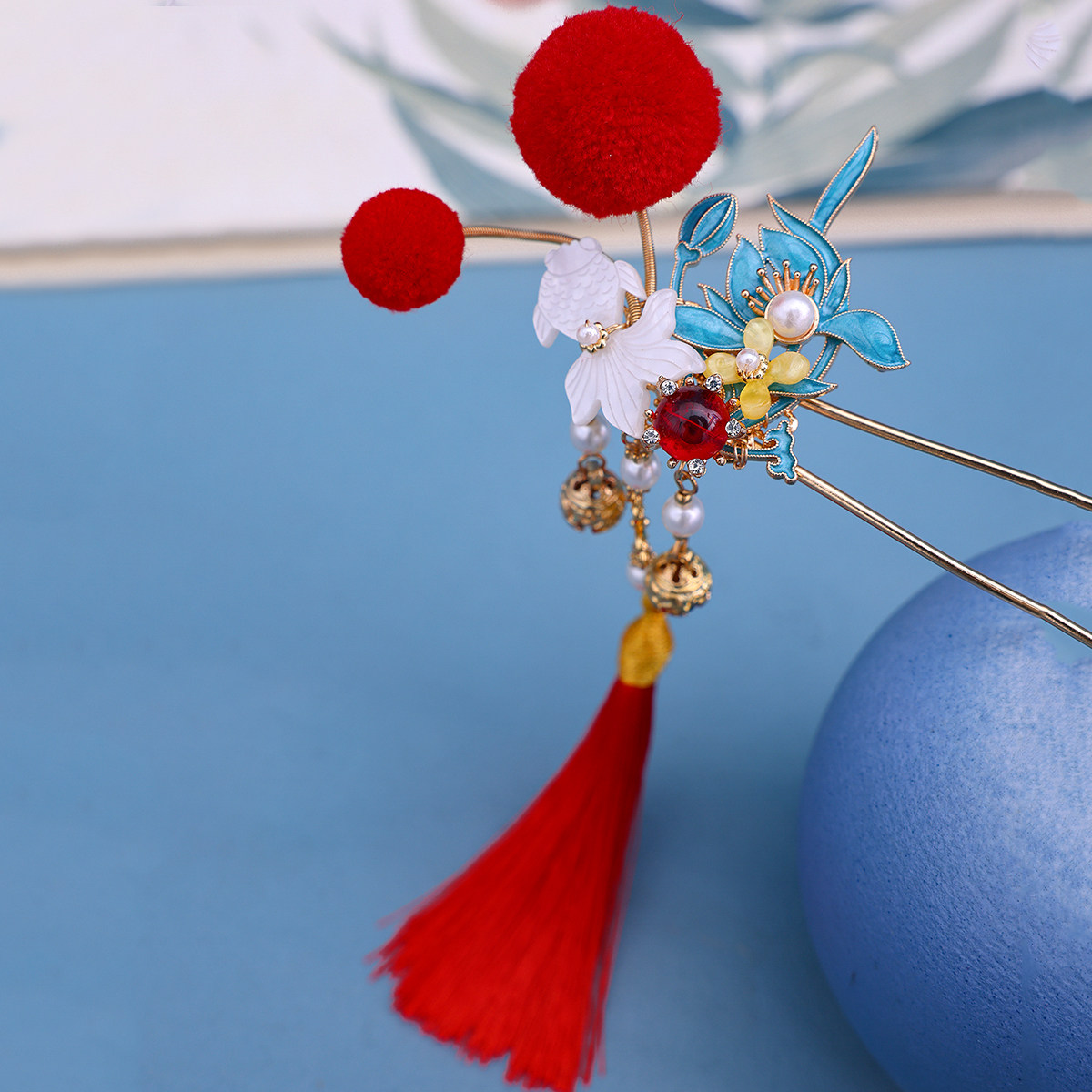 古风发簪新中式发饰红色毛球流苏发钗烧蓝簪子女国风铃铛汉服头饰,饰品/流行首饰/时尚饰品新,发饰,淘宝优惠券,粉丝福利购,淘宝优惠卷
