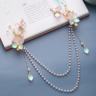 汉服发饰后压发夹【梦寒】琉璃花朵发簪流苏珍珠对夹古风头饰配饰