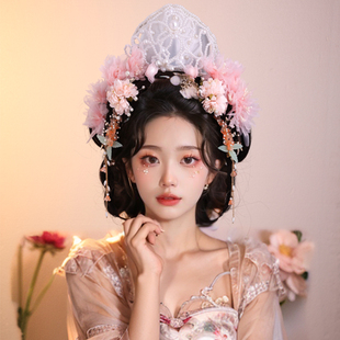 汉服头饰粉色绢纱花朵发夹宋制簪花发冠古装配饰女新中式古风发饰