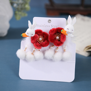 汉服头饰流苏毛球对夹新年可爱兔子发夹女童古装绒花配饰古风发饰