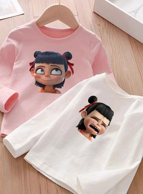 哪吒卡通t恤春季新款男女童儿童装粉色中大小童薄款长袖圆领上衣