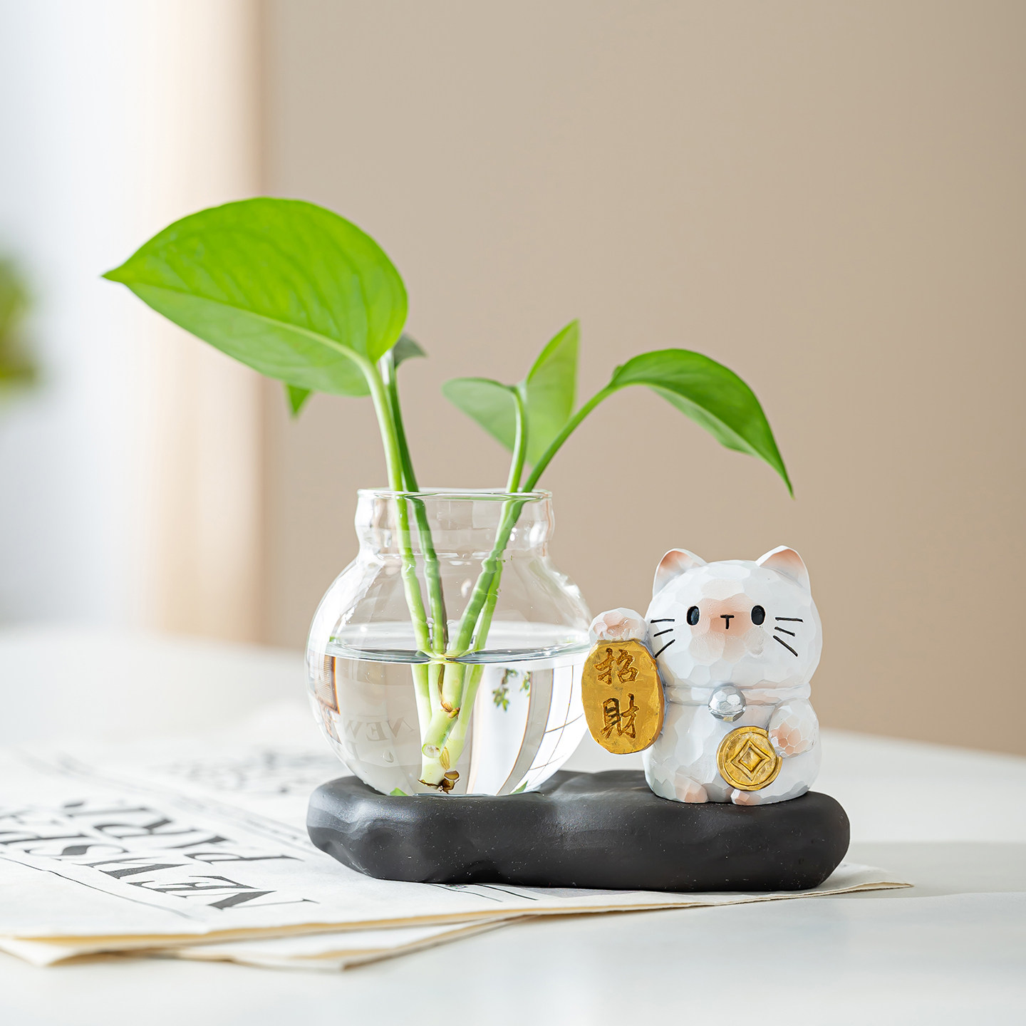 招米纳福猫桌面小摆件绿萝水培器皿水养植物花瓶工位解压装饰品