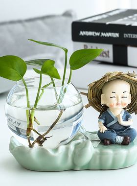 茶宠摆件小和尚水培花瓶水养植物招财禅意茶道茶玩茶宝客厅摆件