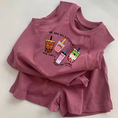 纯棉两件套宝宝卡通无袖 儿童2025背心短裤 新款 男女童夏季 T恤 套装