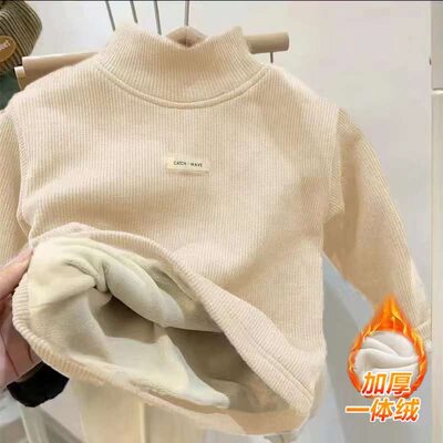 儿童半高领加绒加厚德绒打底衫T恤秋冬季男童女童一体绒上衣服潮