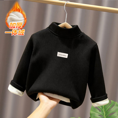 男童女童保暖德绒打底衫儿童秋冬季加绒加厚半高领一体绒长袖上衣