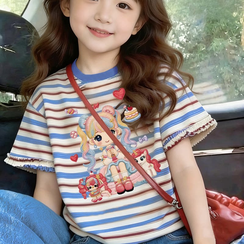 2026印花女童纯棉T恤夏季中小童条纹短袖新款洋气可爱卡通上衣潮