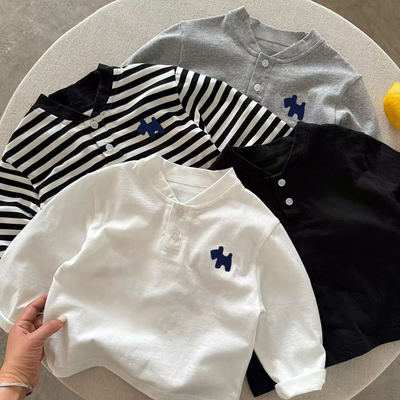 男女童春秋季亨利领长袖T恤卡通洋气打底上衣纯棉白色长袖Polo衫