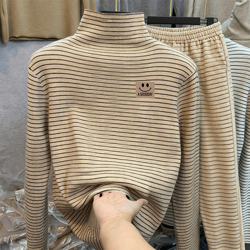 加厚色织德绒半高领可爱上衣裤子男女童保暖套装条纹两件套长袖