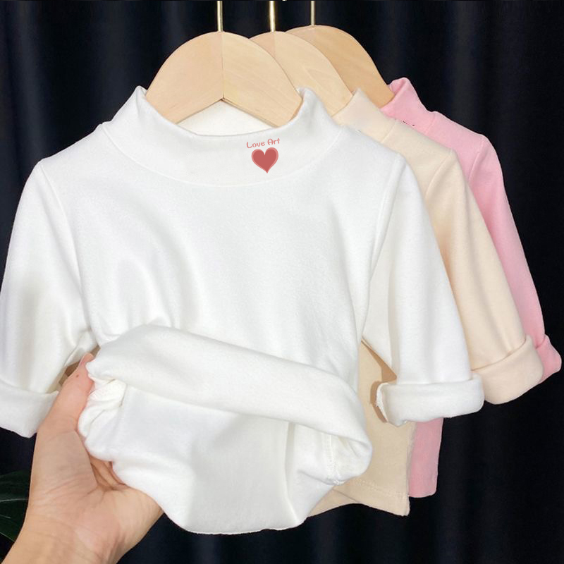 女童半高领内搭秋冬季新款德绒可爱保暖卡通T恤简约长袖打底衫