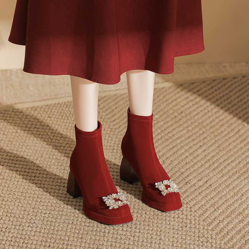 8040-K17丝绒公主酒红色靴子方头瘦瘦靴婚鞋秋冬新款法式粗跟女靴,女鞋,骑士靴,淘宝优惠券,粉丝福利购,淘宝优惠卷