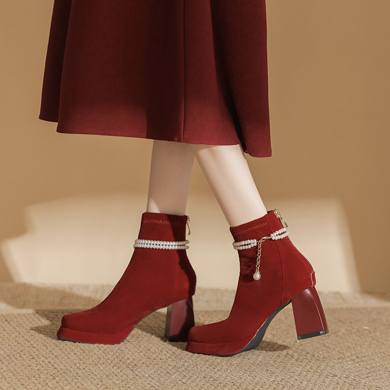 8040-Z32珍珠绒面靴子酒红色方头瘦瘦靴婚鞋法式粗跟女靴秋冬新款,女鞋,烟筒靴,淘宝优惠券,粉丝福利购,淘宝优惠卷