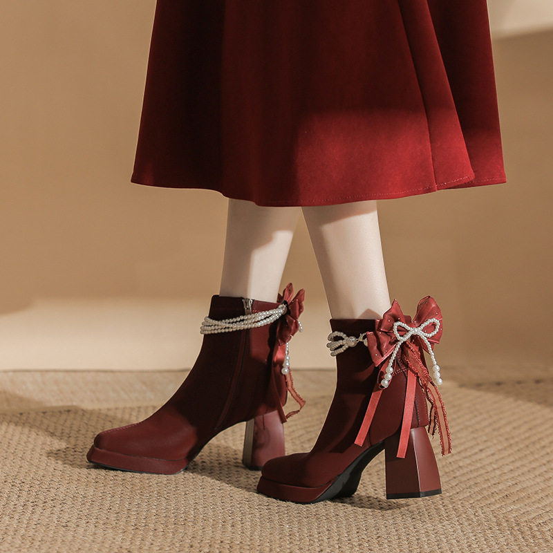 8076-Y13-L52 小个子红色高跟7cm短靴女冬季新款方头绒面蝴蝶结秀,女鞋,切尔西靴,淘宝优惠券,粉丝福利购,淘宝优惠卷