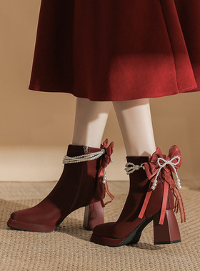 8076-Y13-L52 小个子红色高跟7cm短靴女冬季新款方头绒面蝴蝶结秀