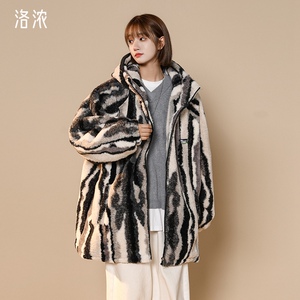洛浓无性别冬季羊羔毛男女加厚连帽棉衣宽松大码高街潮牌青少年