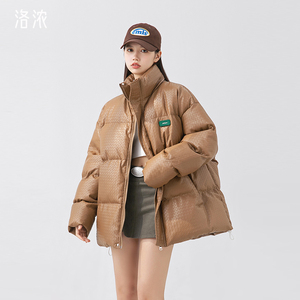 洛浓无性别冬季棉衣男女面包服编织格纹PU皮棉衣厚外套高街青少年