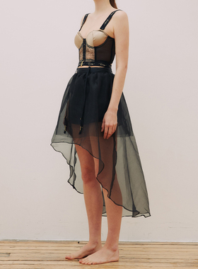E14内衣流金唱片半身显瘦不规则前短后长蓬蓬黑色纱裙内衬打底裤