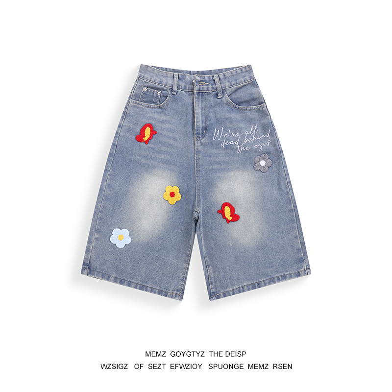 MEMZ复古美式花瓣刺绣牛仔短裤男夏新款水洗做旧五分裤宽松阔腿裤