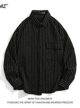 MEMZ春秋季潮牌高街细条纹设计衬衫男港风宽松百搭休闲长袖衬衣潮