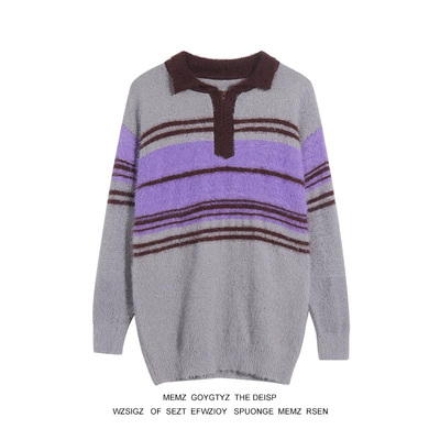 MEMZ美式复古潮牌条纹翻领毛衣