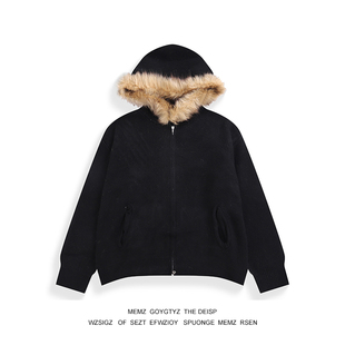 毛衣 复古vibe休闲街头保暖针织衫 MEMZ毛领连帽开衫 线衣男秋冬美式