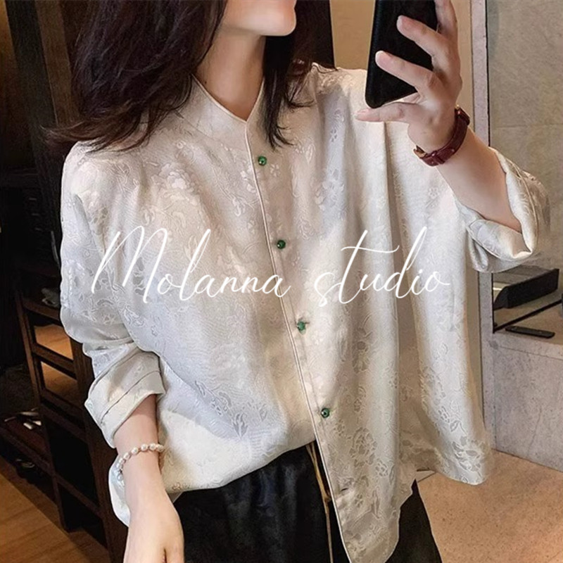 Molanna新中式国风长袖衬衫女春秋新款复古禅意茶服唐装缎面上衣