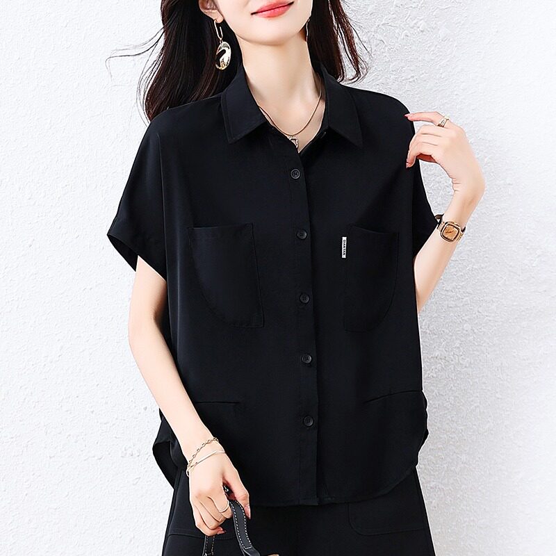 翻领短袖衬衫女夏新款时尚休闲设计感洋气小衫女士POLO领衬衣上衣