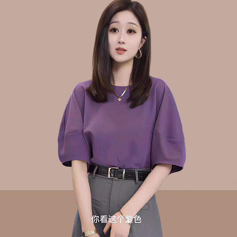 休闲短袖T恤女2026夏季新款时尚圆领灯笼袖女士减龄短款半袖上衣