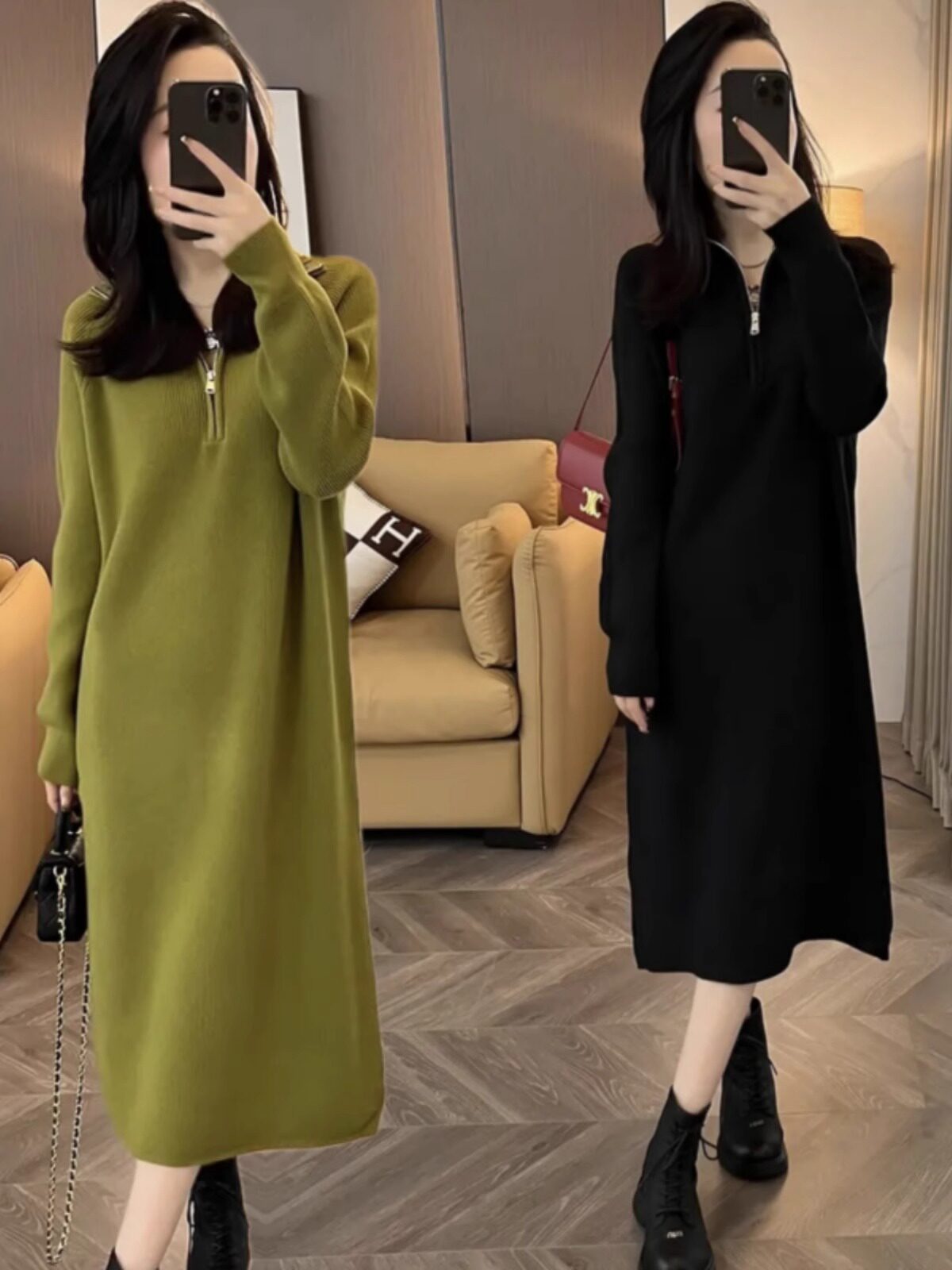 针织长袖连衣裙女春秋新款时尚休闲翻领半拉炼中长款打底毛衣裙子