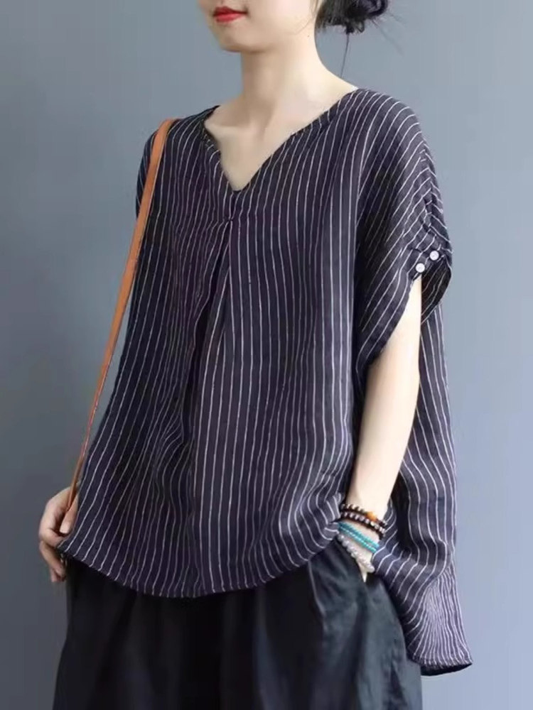 休闲条纹短袖t恤为妇女夏季新宽松大尺寸苗条和多才多艺的妇女V领