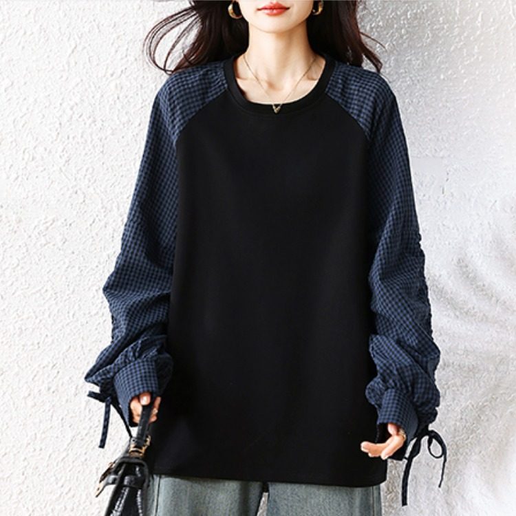 休闲长袖卫衣女春秋新款时尚设计感格纹拼接女士内搭外穿打底上衣