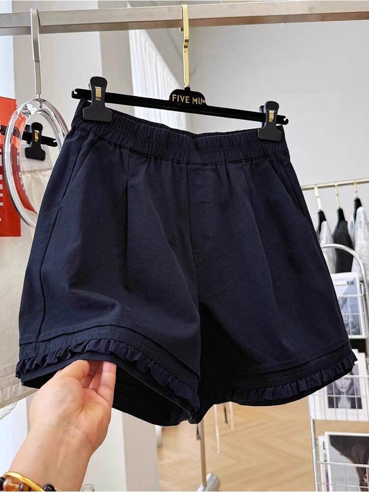休闲阔腿短裤女夏新款大码宽松显瘦设计感木耳边高腰五分A字热裤