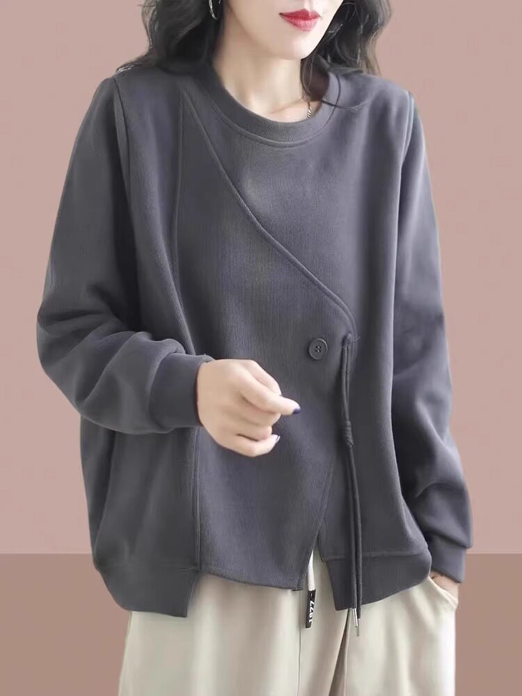 圆领长袖女士春秋季新时尚设计不对称小女士底衬衫上衣