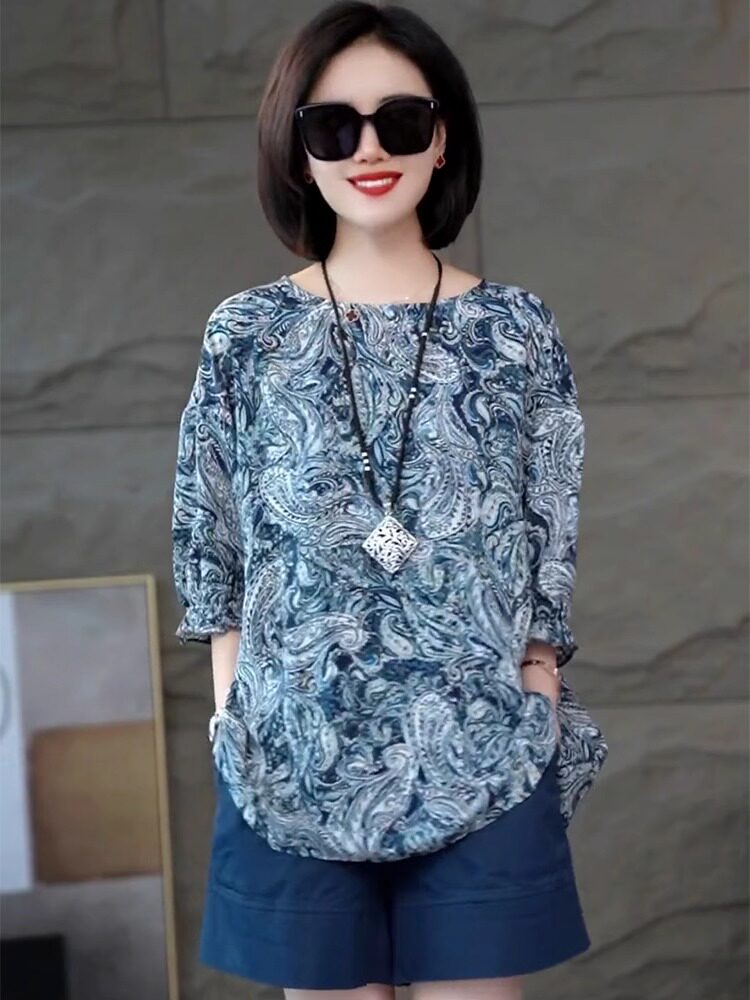 印花短袖雪纺衬衫的妇女夏季新时尚休闲风格宽松的妇女轻量级半袖