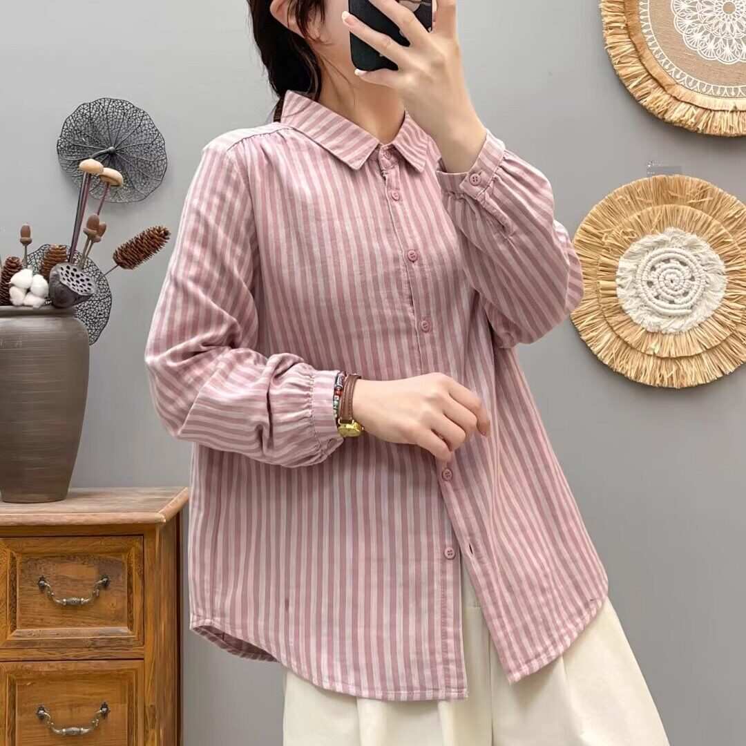 休闲翻领长袖衬衫女春秋新款双层棉纱女士POLO领复古条纹衬衣上衣