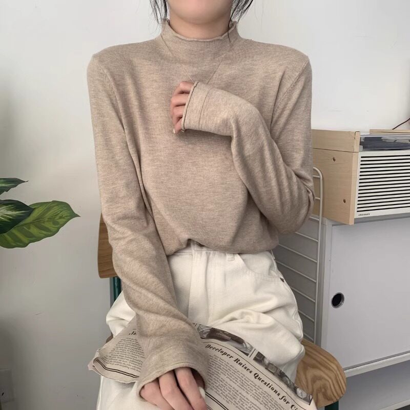 半高领长袖T恤女秋冬新款时尚休闲慵懒风内搭外穿针织打底衫上衣