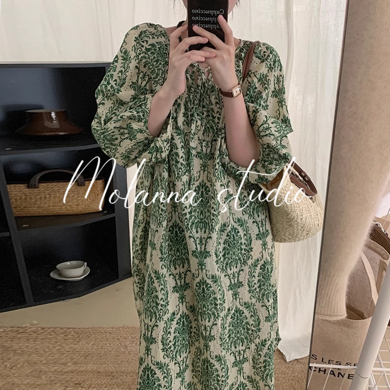Molanna印花连衣裙女春夏新款宽松显瘦复古碎花系带灯笼袖中长裙