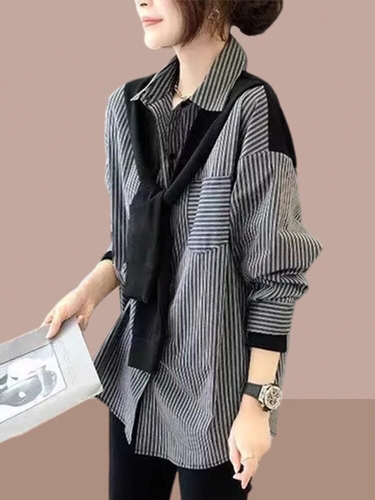 假两件套翻领条纹女式长袖衬衫春秋季新时尚设计女式色块衬衫上衣