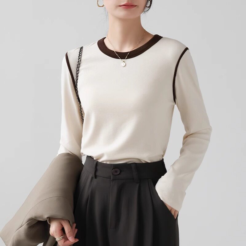 休闲长袖T恤女春秋新款时尚拼色洋气别致女士外穿圆领打底衫上衣