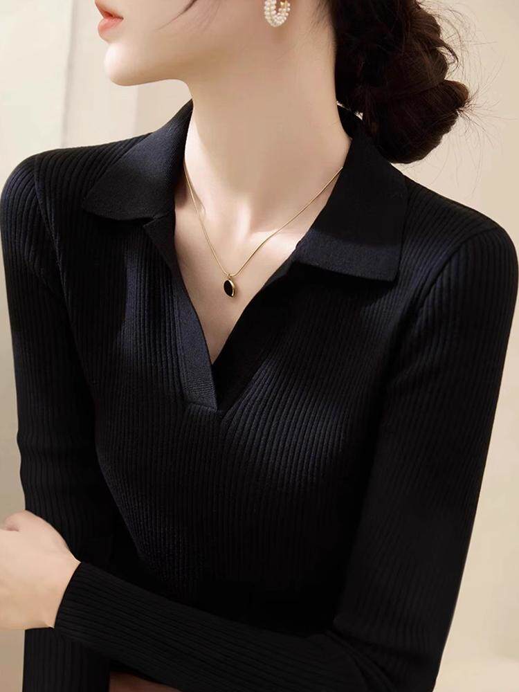 针织翻领女式上下衬衫春秋季新时尚内外穿女式Polo领长袖t恤上衣