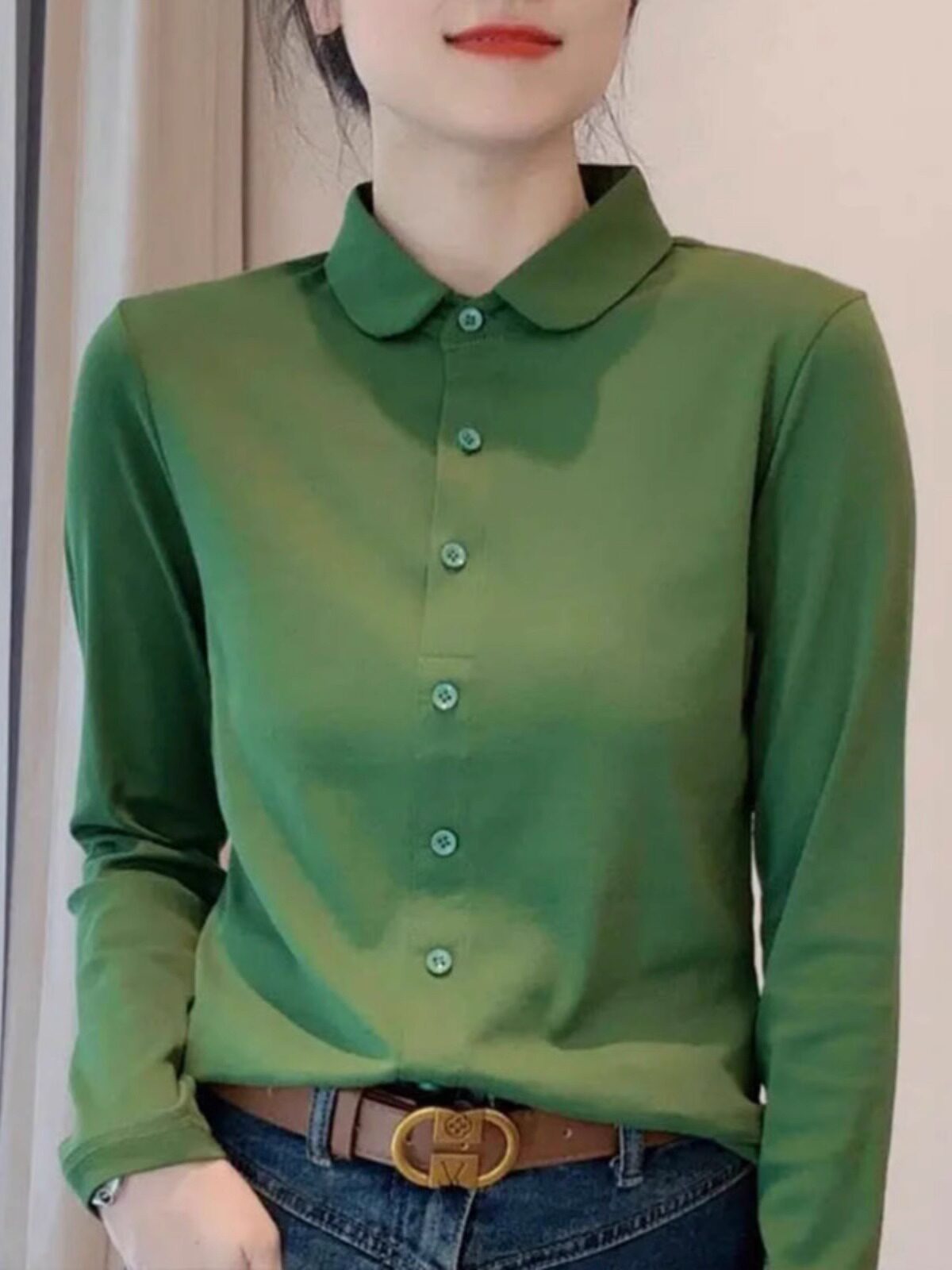 翻领长袖t恤女式春秋新时尚韩式女式衬衫Polo领衬衫底裤衬衫上衣
